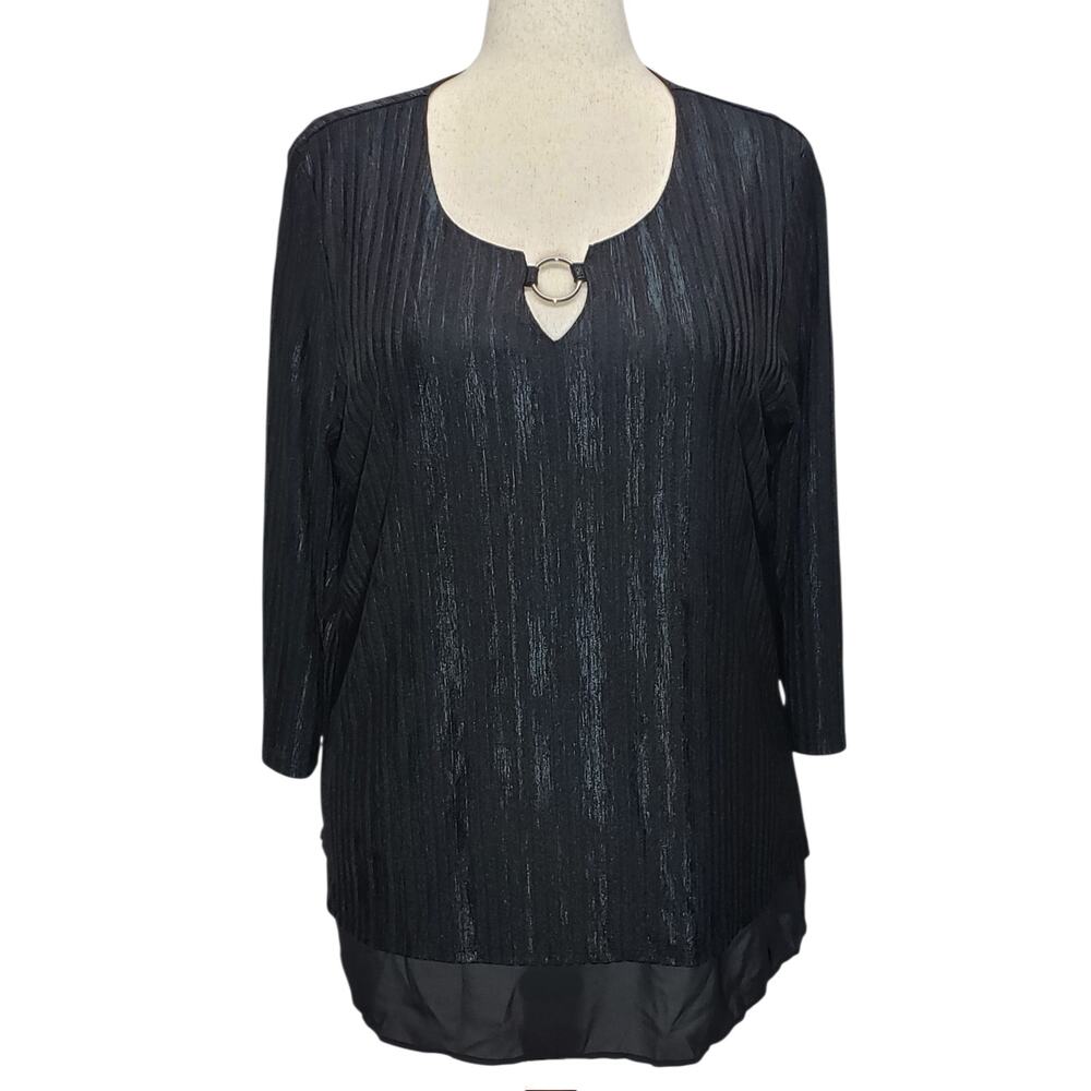 JM Collection 2X Black Textured Knit Top Keyhole Ring Neck High Low Hem NWT